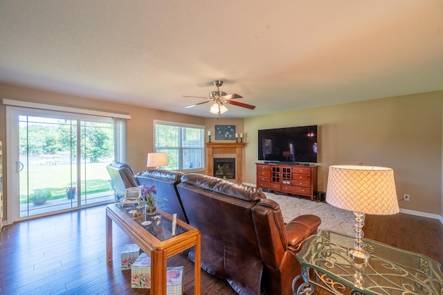 1715 W River St Unit 1715, Dixon, IL 61021 - living room featuring a ceiling fan, a fireplace, and wood finished floors