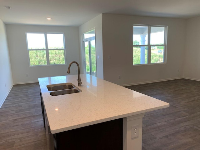 2295 Tupelo Way, Wonder Lake, IL 60097 - kitchen featuring dark wood-type flooring, light stone countertops, a kitchen island with sink, and open floor plan