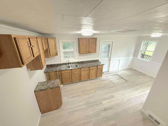 1356 Willard Ave, Rockford, IL 61101 - kitchen with brown cabinets, dark countertops, plenty of natural light, wainscoting, and light wood-style floors