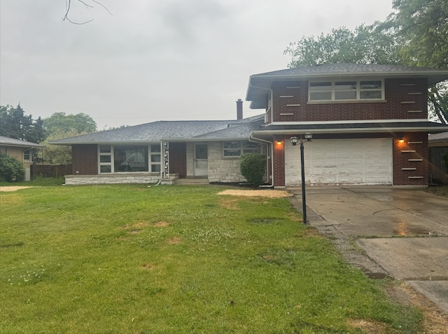 6052 W 128th St, Palos Heights, IL 60463 - view of front of house featuring an attached garage, concrete driveway, a front lawn, and brick siding