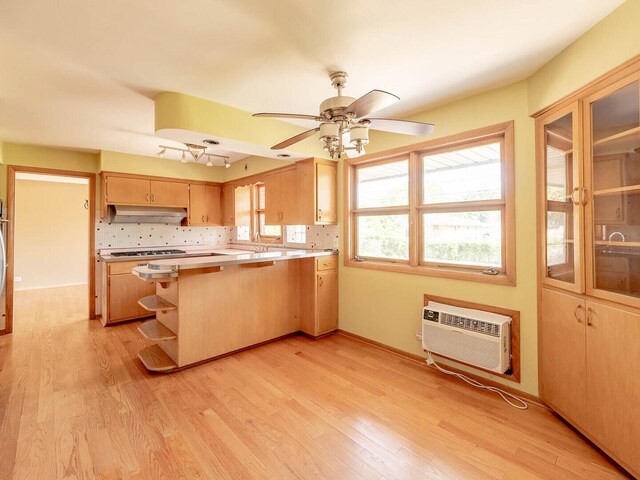 6052 W 128th St, Palos Heights, IL 60463 - kitchen with under cabinet range hood, a peninsula, an AC wall unit, light wood-type flooring, and light countertops