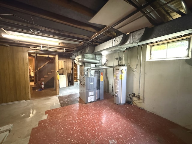 419 S Chase Ave, Lombard, IL 60148 - basement with water heater, stairs, heating unit, and wood walls