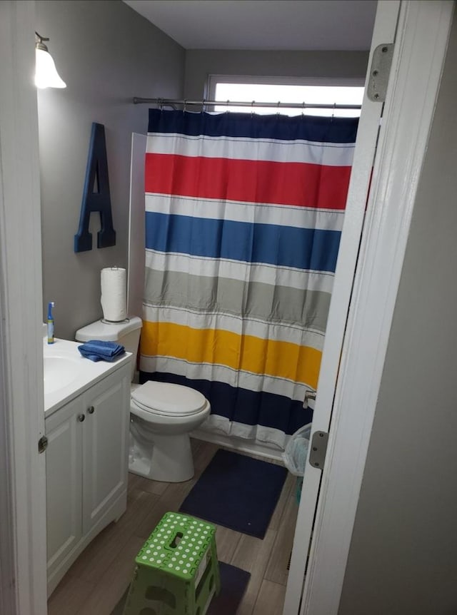 21 E Dahlia Ln, Round Lake Beach, IL 60073 - bathroom featuring wood finished floors, vanity, and a shower with shower curtain