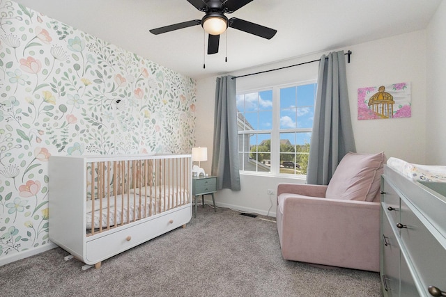 26550 W Old Stage Ln, Channahon, IL 60410 - bedroom with carpet flooring, wallpapered walls, and a ceiling fan