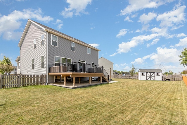 26550 W Old Stage Ln, Channahon, IL 60410 - back of house with stairway, a deck, a fenced backyard, and a storage unit
