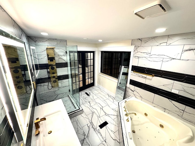 40 Portwine Rd, Willowbrook, IL 60527 - full bath with a jetted tub, a shower stall, recessed lighting, and marble finish flooring