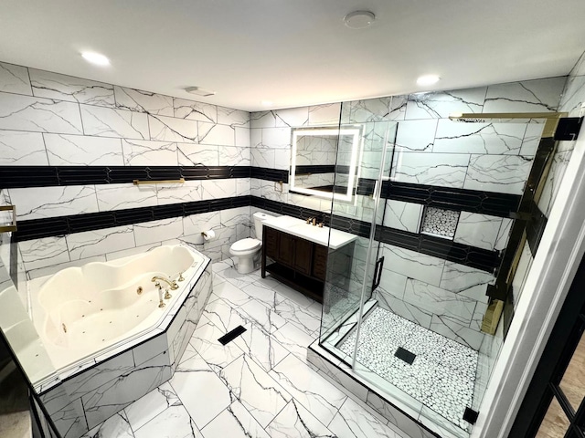 40 Portwine Rd, Willowbrook, IL 60527 - bathroom featuring marble finish floors, tile walls, a whirlpool tub, a marble finish shower, and vanity