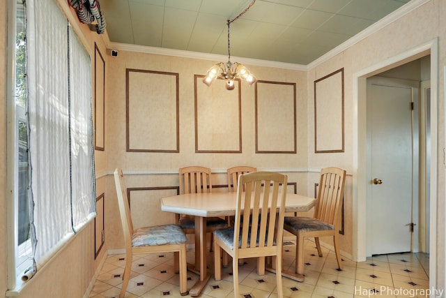 36 S Pistakee Lake Rd, Fox Lake, IL 60020 - dining area featuring a chandelier, ornamental molding, and light tile patterned floors