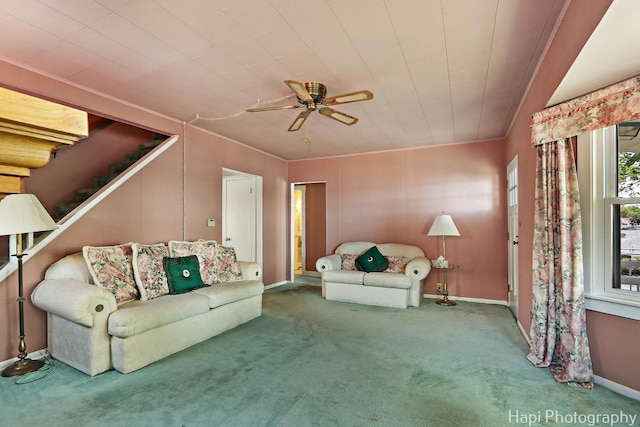 36 S Pistakee Lake Rd, Fox Lake, IL 60020 - carpeted living room with a ceiling fan and ornamental molding
