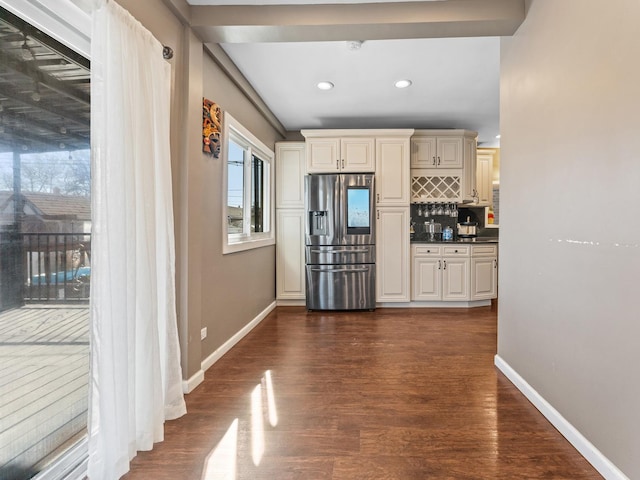 2529 Scoville Ave, Berwyn, IL 60402 - bar featuring stainless steel fridge, backsplash, dark wood-style flooring, and recessed lighting
