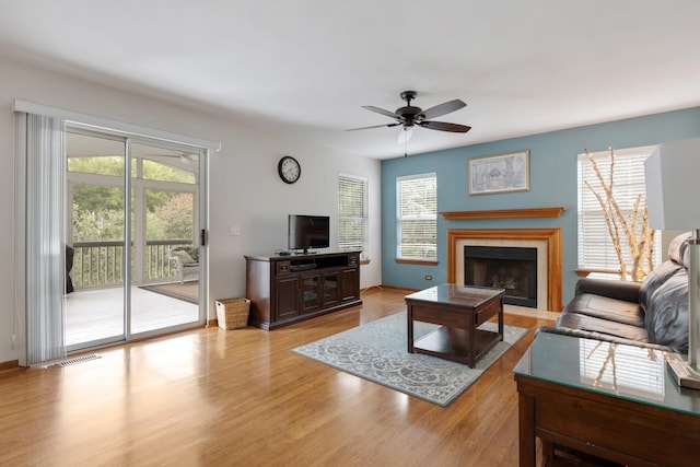 514 Abbeywood Dr, Cary, IL 60013 - living room with ceiling fan, plenty of natural light, light wood-style flooring, and a fireplace with flush hearth