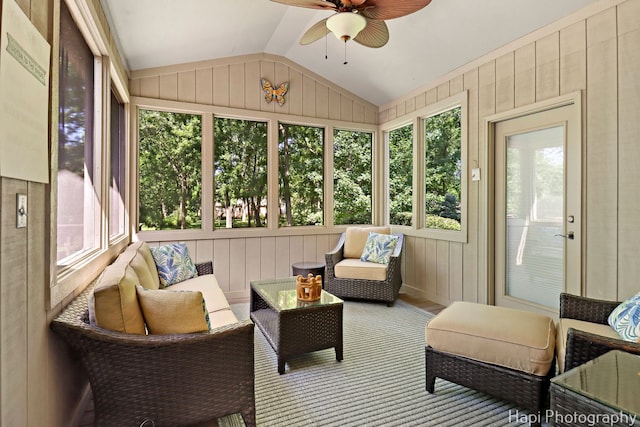 9516 Thousand Oaks Dr, Spring Grove, IL 60081 - sunroom / solarium with a ceiling fan, lofted ceiling, plenty of natural light, and an outdoor hangout area