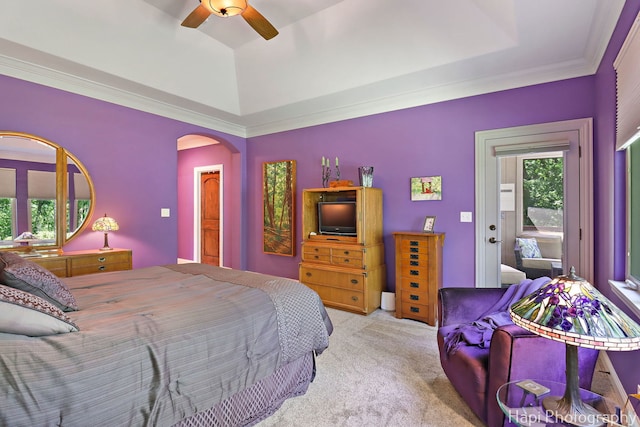 9516 Thousand Oaks Dr, Spring Grove, IL 60081 - bedroom featuring a raised ceiling, carpet floors, arched walkways, crown molding, and a ceiling fan
