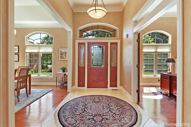 9516 Thousand Oaks Dr, Spring Grove, IL 60081 - entrance foyer with healthy amount of natural light, light wood-type flooring, crown molding, and a towering ceiling