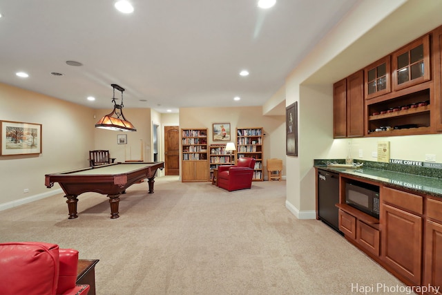 9516 Thousand Oaks Dr, Spring Grove, IL 60081 - game room with light carpet, pool table, recessed lighting, and bar