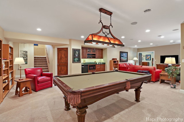 9516 Thousand Oaks Dr, Spring Grove, IL 60081 - recreation room featuring light colored carpet, bar, billiards table, and recessed lighting