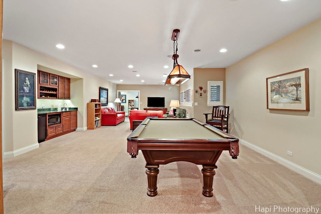 9516 Thousand Oaks Dr, Spring Grove, IL 60081 - recreation room with bar with sink, light colored carpet, recessed lighting, and pool table