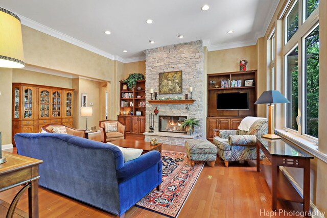 9516 Thousand Oaks Dr, Spring Grove, IL 60081 - living area with crown molding, a stone fireplace, wood-type flooring, recessed lighting, and built in shelves