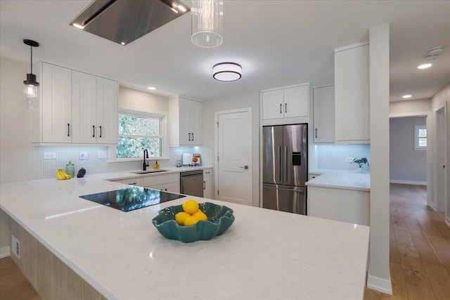 7418 Kildare Ave, Skokie, IL 60076 - kitchen with appliances with stainless steel finishes, exhaust hood, tasteful backsplash, light wood-type flooring, and a peninsula