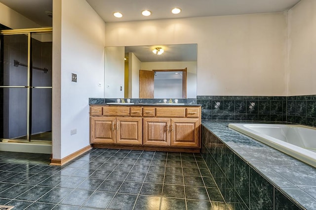 2504 Monterey Dr, Plainfield, IL 60586 - bathroom featuring double vanity, a garden tub, a shower stall, and tile patterned flooring