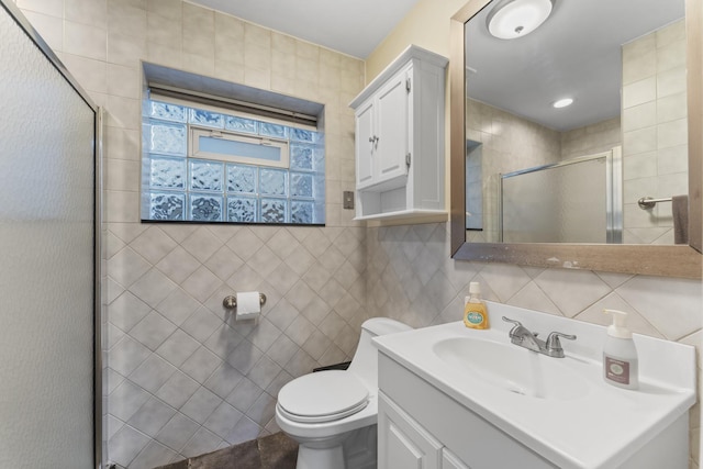 3257 N Nottingham Ave, Chicago, IL 60634 - bathroom featuring tile walls, a stall shower, vanity, and decorative backsplash