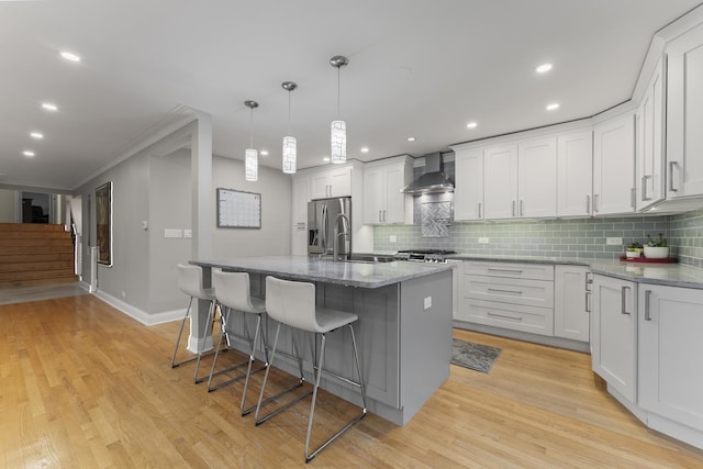3257 N Nottingham Ave, Chicago, IL 60634 - kitchen featuring stainless steel fridge with ice dispenser, wall chimney range hood, tasteful backsplash, white cabinetry, and recessed lighting