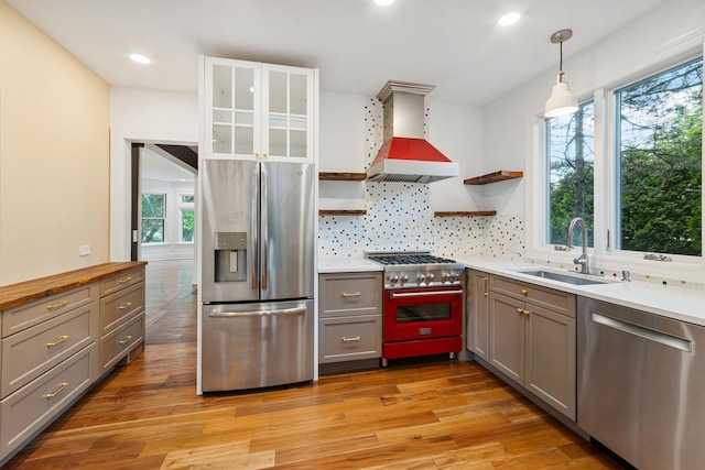 1123 Linden Ave, Wilmette, IL 60091 - kitchen with appliances with stainless steel finishes, custom exhaust hood, open shelves, gray cabinets, and tasteful backsplash
