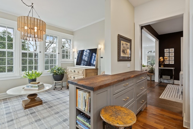1123 Linden Ave, Wilmette, IL 60091 - kitchen featuring butcher block countertops, gray cabinets, crown molding, a chandelier, and dark wood-type flooring