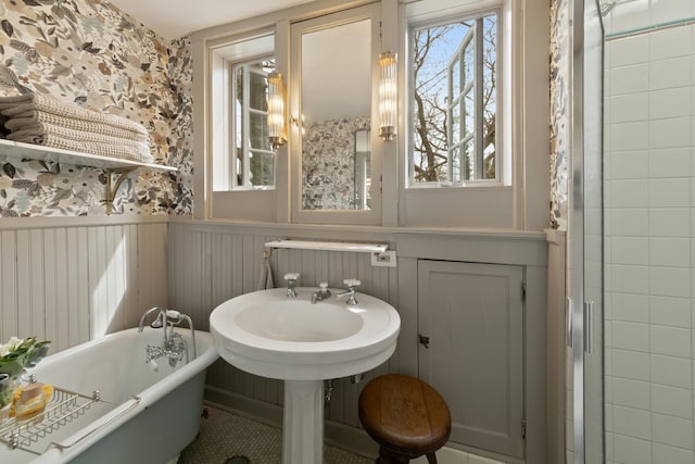 1123 Linden Ave, Wilmette, IL 60091 - full bathroom featuring a freestanding tub, wainscoting, wallpapered walls, and a decorative wall