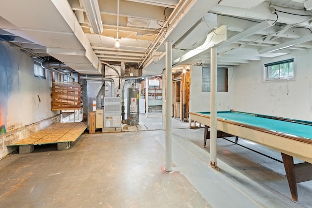 1123 Linden Ave, Wilmette, IL 60091 - basement featuring gas water heater, heating unit, and pool table
