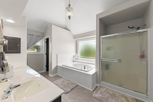 24006 Skyler Ln, Plainfield, IL 60586 - bathroom featuring a garden tub, a stall shower, double vanity, tile patterned floors, and vaulted ceiling
