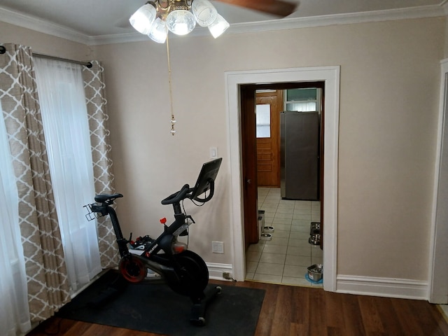 4936 S Karlov Ave, Chicago, IL 60632 - exercise area with ceiling fan, wood finished floors, and crown molding