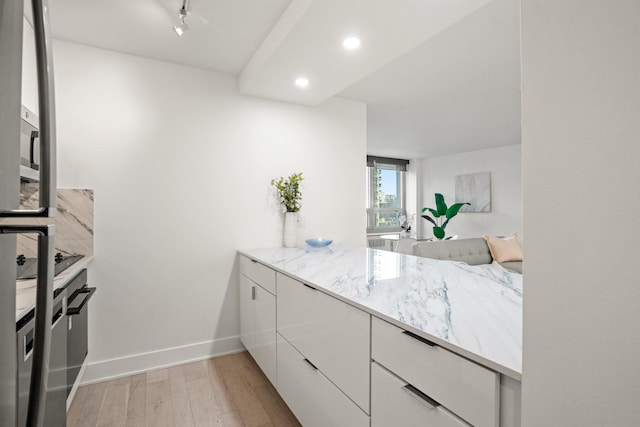 88 W Schiller St Unit 904, Chicago, IL 60610 - kitchen featuring light wood-type flooring, white cabinetry, light stone counters, recessed lighting, and track lighting