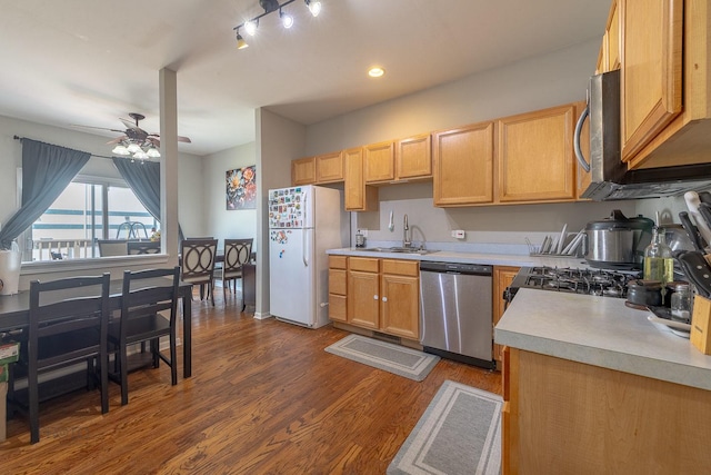 2012 Juniper Ct Unit 2012, Glendale Heights, IL 60139 - kitchen with dishwasher, freestanding refrigerator, a ceiling fan, dark wood-style floors, and light countertops