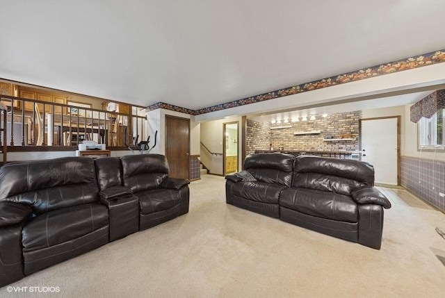 1127 Alpine Ln, Lemont, IL 60439 - living room featuring carpet, stairway, and brick wall