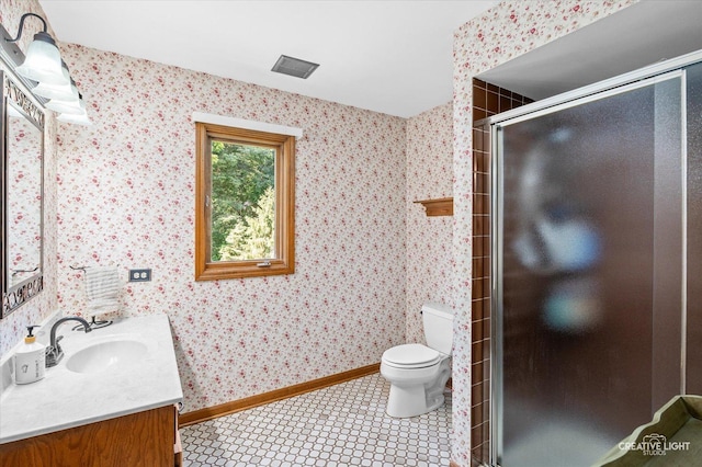 23 Colony Ct, Yorkville, IL 60560 - bathroom with vanity, a stall shower, wallpapered walls, and tile patterned floors