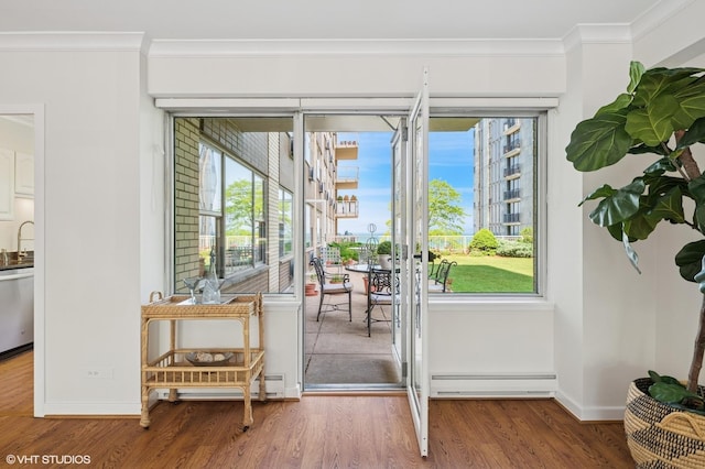 1440 Sheridan Rd Unit 101, Wilmette, IL 60091 - doorway featuring a baseboard heating unit, wood finished floors, crown molding, and healthy amount of natural light