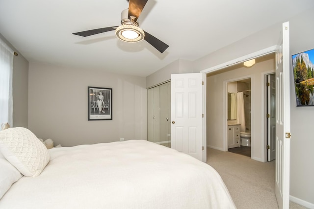 27W415 Providence Ln Unit 103, Winfield, IL 60190 - bedroom featuring carpet floors, a ceiling fan, a closet, and connected bathroom