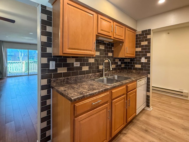 1840 W Hatherleigh Ct Unit 1E, Mount Prospect, IL 60056 - kitchen featuring white dishwasher, baseboard heating, light wood-style floors, dark countertops, and recessed lighting