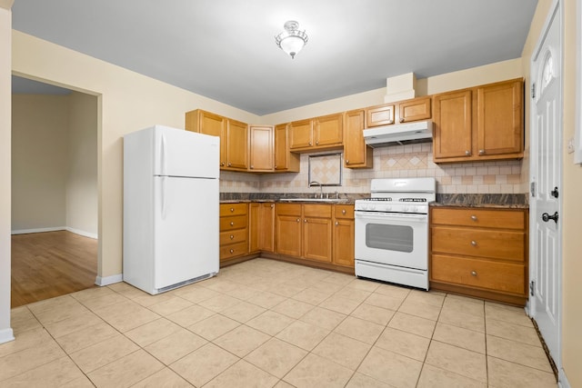 535 Glenshire Rd, Glenview, IL 60025 - kitchen featuring white appliances, under cabinet range hood, dark countertops, and backsplash