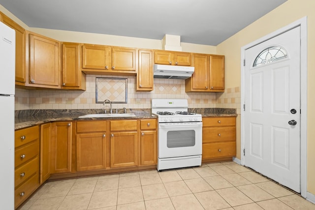 535 Glenshire Rd, Glenview, IL 60025 - kitchen featuring white appliances, under cabinet range hood, decorative backsplash, light tile patterned flooring, and brown cabinets