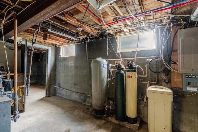 879 2300th Ave, Chestnut, IL 62518 - below grade area featuring electric panel, a water pressure tank, and a water softener
