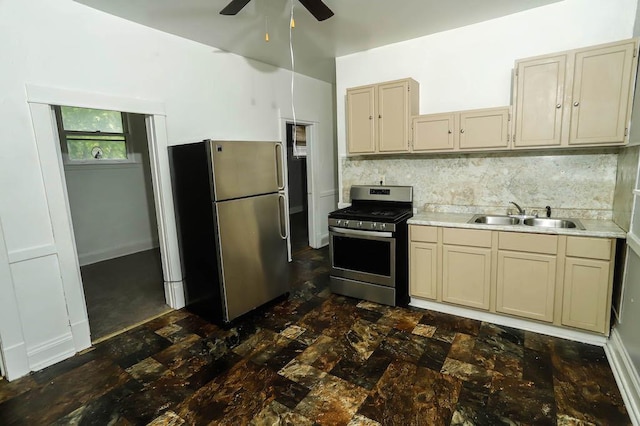 12400-02 S Green St, Calumet Park, IL 60827 - kitchen with appliances with stainless steel finishes, light countertops, a ceiling fan, backsplash, and cream cabinetry