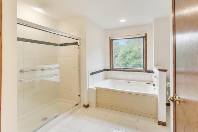 705 Wood Creek Dr, Antioch, IL 60002 - bathroom featuring a garden tub, a shower stall, tile patterned floors, and recessed lighting