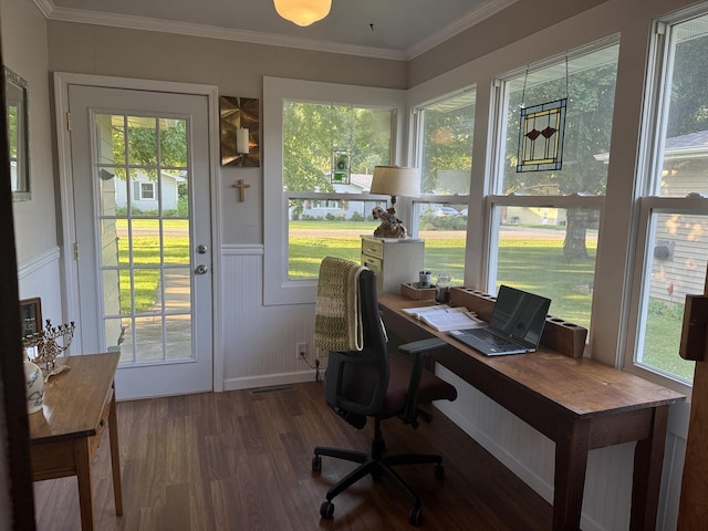 1202 E Van Buren St, Clinton, IL 61727 - office area with wood finished floors, a wainscoted wall, a decorative wall, and crown molding