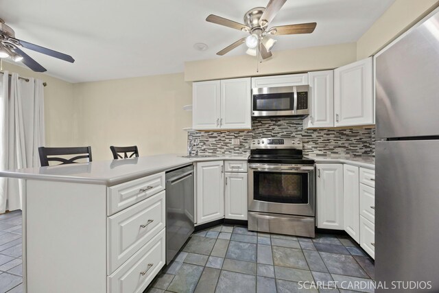 1356 S Lorraine Rd Unit E, Wheaton, IL 60189 - kitchen featuring stainless steel appliances, ceiling fan, a peninsula, and backsplash