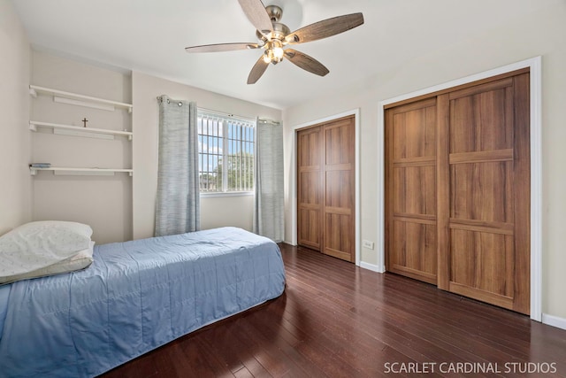 1356 S Lorraine Rd Unit E, Wheaton, IL 60189 - bedroom featuring multiple closets, dark wood-style floors, and ceiling fan