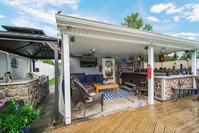 5848 W 89th St, Oak Lawn, IL 60453 - deck featuring an outdoor living space, a bar, an outdoor kitchen, and a gazebo
