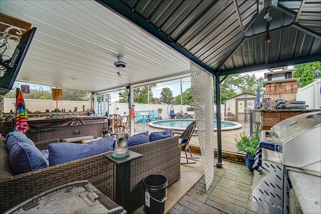 5848 W 89th St, Oak Lawn, IL 60453 - wooden terrace with a hot tub, a fenced backyard, a shed, a patio, and a gazebo