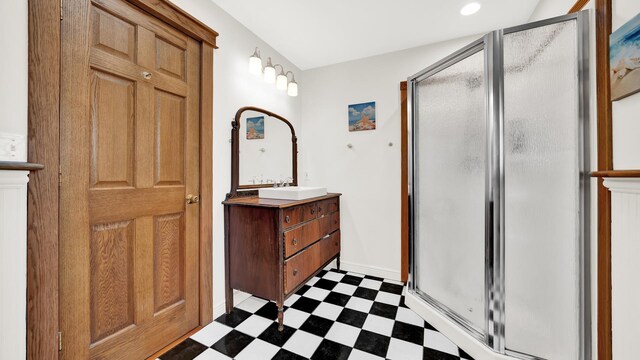 7022 W 64th St, Chicago, IL 60638 - bathroom featuring tile patterned floors, vanity, and a shower stall